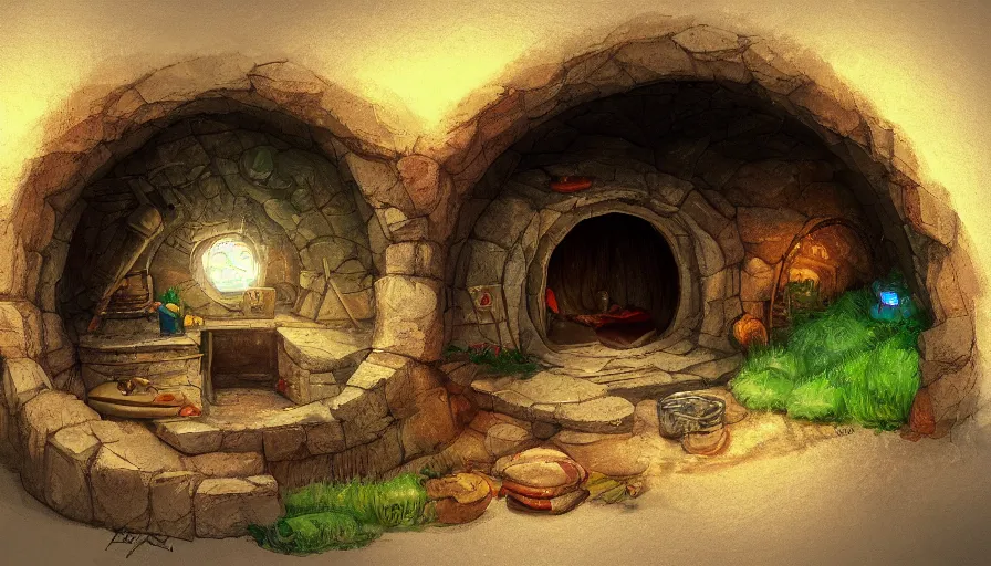 Image similar to concept art of the inside of a comfortable hobbit - hole, digital art, trending on artstation