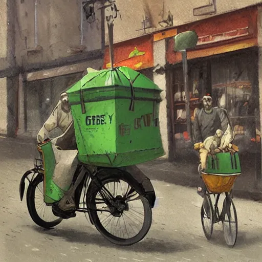 Prompt: a food delivery guy on his bicycle wearing a big green bag at the streets of Lisbon, art by Greg Rutkowski