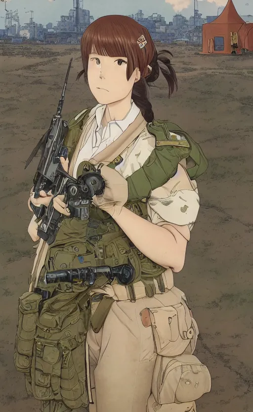 Prompt: portrait of a female soldier, highly detailed, high resolution, military camp in the background, a colored page of a manga, illustration, stunning, from the manga marginal operation, bokeh soft, matte, 100mm, by professional photographer, hayao miyazaki, ilya kuvshinov, alphonse mucha, studio mappa, shizume yoshinori, realistic human anatomy, realistic military carrier, modern warfare, realistic weapon, shot with a arriflex 35 ii, low saturation, small eyes