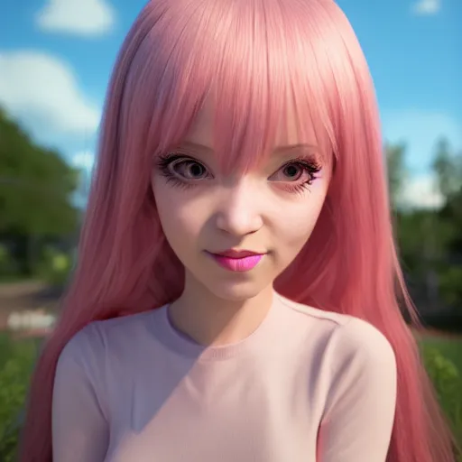 Image similar to A Selfie portrait of Nikki from Shining Nikki and Love, a cute 3d cgi toon young woman with long light pink hair, full bangs, hazel eyes, full face, light makeup, pale skin, Chinese heritage, cute outfit, medium shot, mid-shot, hyperdetailed, 8k, trending on artstation, as a Pixar character