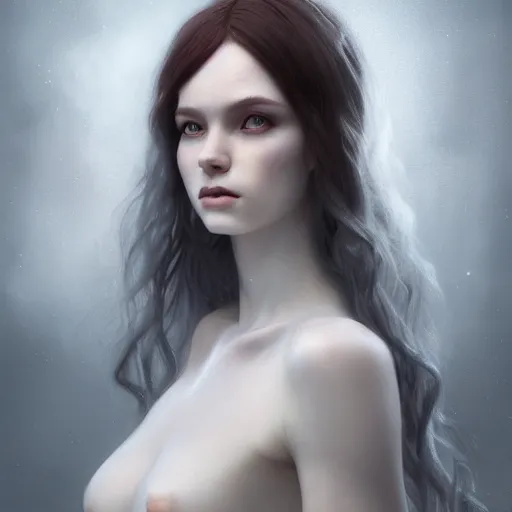 Image similar to a portrait of a ice queen with long dark curly red hair, stoic, pale skin, alone, white eyes, dramatic, epic painting, painting by wlop, nixeu and sakimichan, semirealism, artstation, octane render, sharpness, 8 k, golden ratio