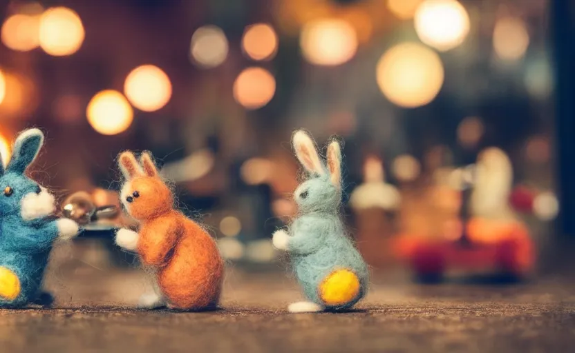 Image similar to miniature cafe diorama, macro photography, cafe with felted bunnies on a date, alleyway, ambient, atmospheric, british, cozy, bokeh, romantic, colorful lanterns