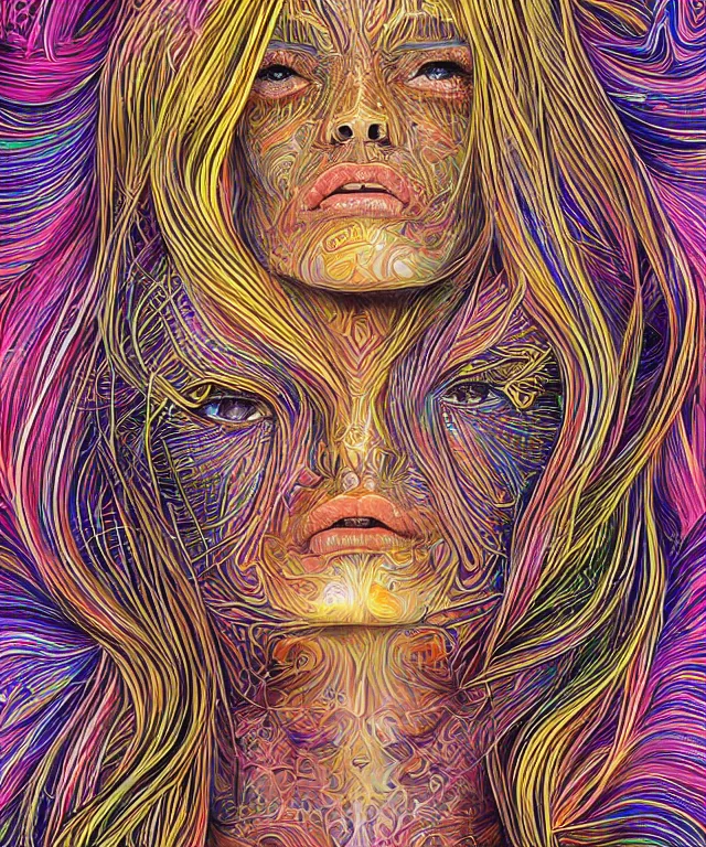 Image similar to A epic illustration of beautiful woman energetic symmetrical portrait by Michael Sydney Moore, Alex Grey, hyper detailed, 50mm, award winning photography