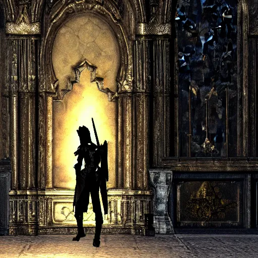 Prompt: A Dark Souls character arriving at a fancy party, ornate ballroom, tuxedo