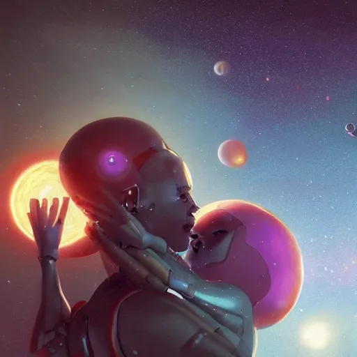 Image similar to digital painting of two humanoid robots hugging each other, supernova in the background, cosmic and stars and planets and galaxy, stunning, surreal, cinematic lighting, concept art by greg rutkowski and simon stalenhag