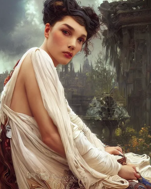 Image similar to a beautiful close up portrait of a sorceress sitting with elegant looks, flowing robe, ornate and flowing, intricate and soft by ruan jia, tom bagshaw, alphonse mucha, krenz cushart, beautiful roman architectural ruins in the background, epic sky, vray render, artstation, deviantart, pinterest, 5 0 0 px models