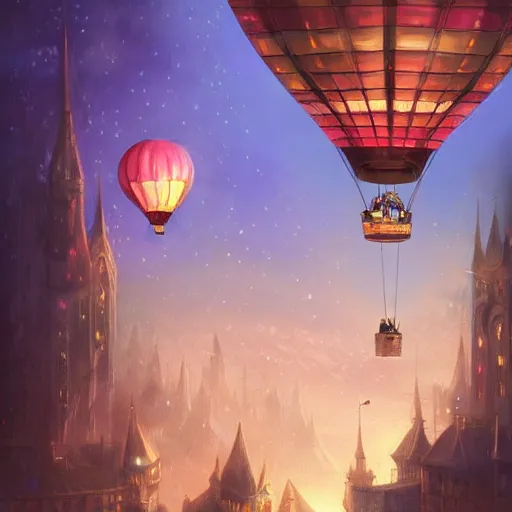 Image similar to a beautiful stunning fantasy whimsical matte digital illustration of a hot - air balloon powered by magic over a lit city at night by marc simonetti, pastel color palette, disney magic the gathering steampunk, chiaroscuro magical bokeh moon stars dramatic romantic, trending on artstation hq, masterpiece