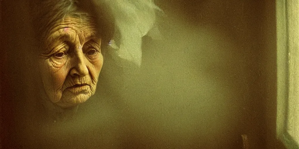 Prompt: portrait bust of old woman, solemn expression, faded color film, russian cinema, tarkovsky, kodachrome, inside old cabin, next to window, heavy forest outside, long brown hair, old clothing, heavy fog, green brown color palette, hudson river school, 4 k, dramatic lighting, greg rutkowski