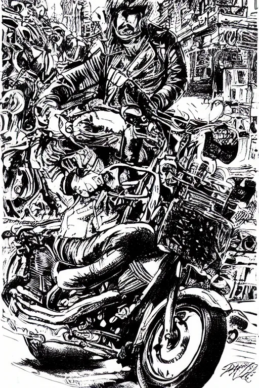 Image similar to hells angel biker riding through a burning street, intricate ink drawing, highly detailed in the style of jamie hewlett