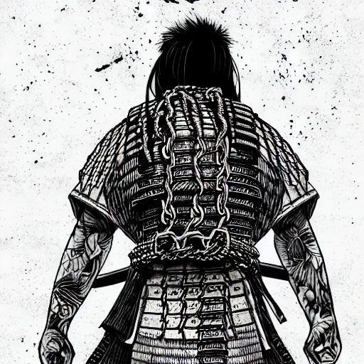 Image similar to a portrait from behind of a samurai man vagabond, the samurai is wrapped in chains, detailed, illustration, concept art, ink style, sketch