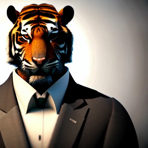 Image similar to anthro tiger in a black suit, ultra detail, ultra realistic, unreal engine, 8 k