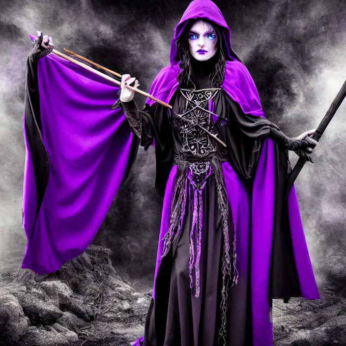 Image similar to photograph of a real-life beautiful elemental darkness witch with ornate purple and black robes and staff. Extremely detailed. 8k