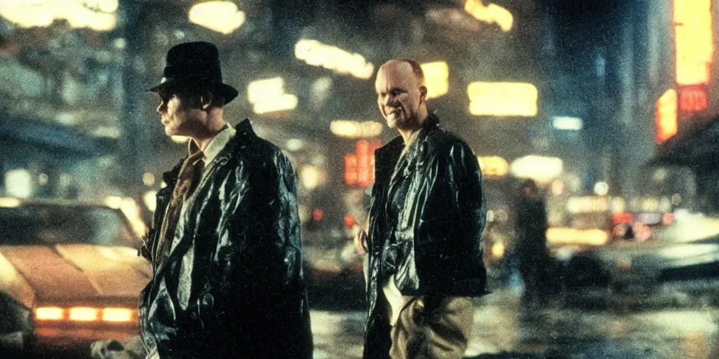 Image similar to a film still of Bill Burr in Blade Runner, high quality