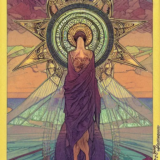 Image similar to a spiritual cross on top of a holy mountain, holy geometry, Mucha, Moebius, Mohrbacher