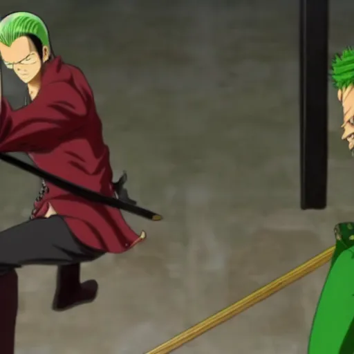 Prompt: real-life zoro vs. mihawk from one piece, a still of a fight film