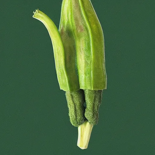 Image similar to a dish of justin beibers face fused with okra veg with green stalky ( ( green justin beiber face ) ), okra shaped stalk nose, oprah okra winfrey sentient veg, by greg rutkowski