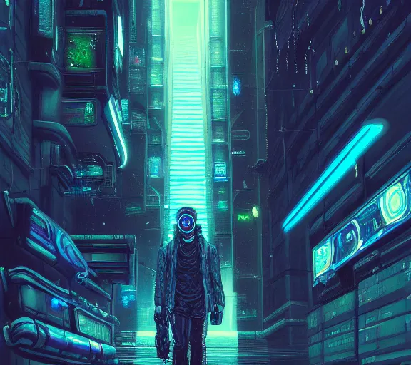 Image similar to a painting of a cyberpunk netrunner, street level, oil on canvas in the style of (Gustave Doré), 4k, 8k, HD, trending on artstation