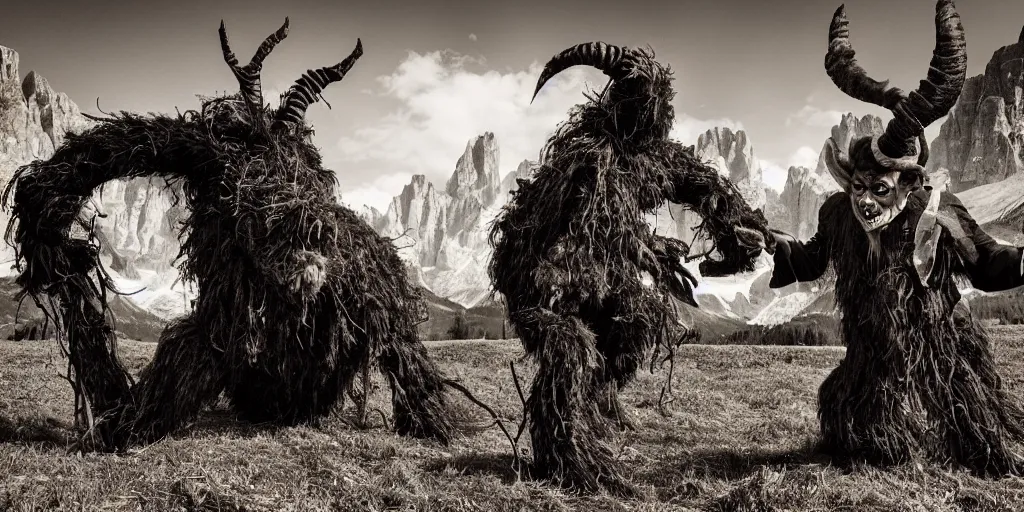 Image similar to historical sharp 4 k photograph of a tyrolean farmer turning into a krampus hay monster with goathorns and roots growing from his face, dolomites in the background, dark, eerie, grainy