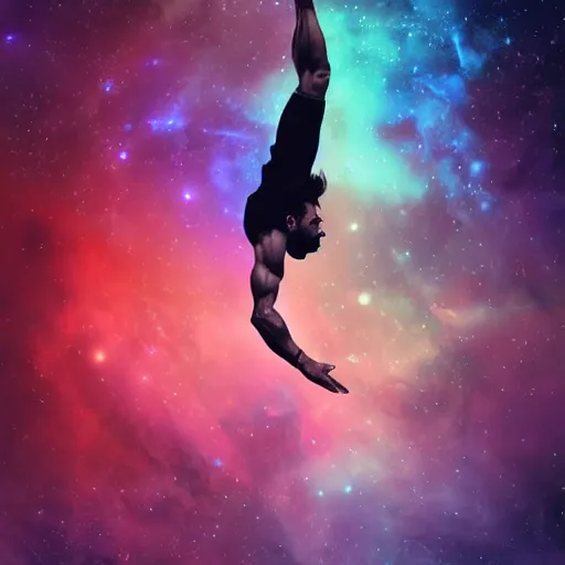 Image similar to athletic man doing a pullup using gymnastic rings, silhouette, long shot, in a cosmic nebula background, matte colors, dramatic digital art trending on artstation