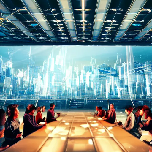 Image similar to large group people in a huge warehouse, looking at hologram of futuristic city on a table | cinematic concept art | godrays | 4 k | clear details | tabletop model | tabletop | hologram foreground