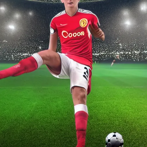 Image similar to “A realistic photo of English football player Mason Mount as a humanoid android with shiny skin and wearing his soccer uniform close up very detailed”