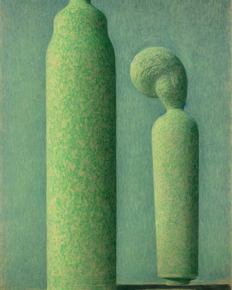 Prompt: achingly beautiful print of intricately painted ancient greek lekythos on a green pastel background by rene magritte, monet, and turner.