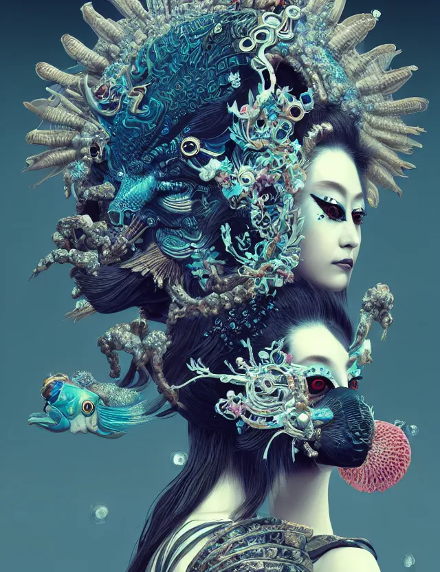 Image similar to 3 d goddess close - up profile portrait with crown, ram skull. beautiful intricately detailed punk japanese crow kitsune mask and clasical japanese kimono. betta fish, jellyfish phoenix, bio - luminescent, plasma, ice, water, wind, creature, artwork by tooth wu and wlop and beeple and greg rutkowski