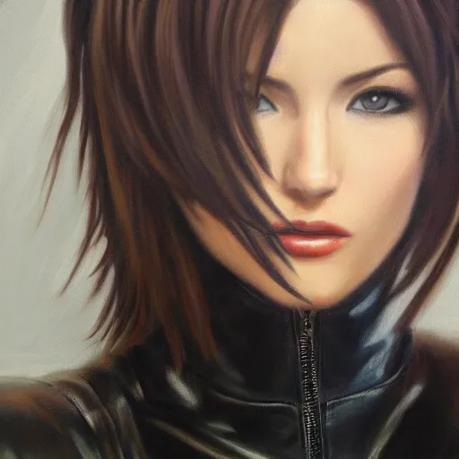 Image similar to perfect, realistic oil painting of close-up Tifa wearing leather jacket