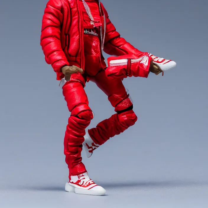 Prompt: a action figure of kanye west using full face - covering mask with small holes. a small, tight, undersized reflective bright red round puffer jacket made of nylon. a shirt underneath. red jeans pants made of nylon. a pair of red shoes, figurine, detailed product photo, 4 k, realistic, acton figure, studio lighting, professional photo