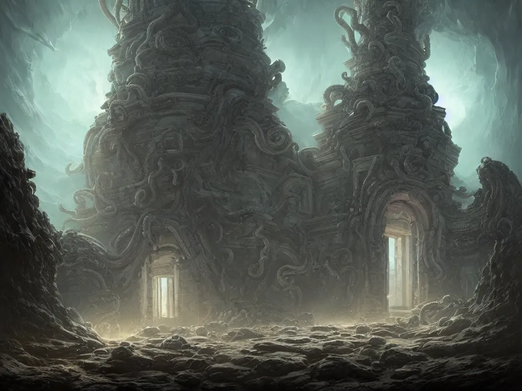 Prompt: A picture of a mysterious ancient temple with tentacles coming out of the massive entrance art by Darek Zabrocki, ominous, cosmic horror, trending on artstation, Ultra detailed, hyper realistic, 4k