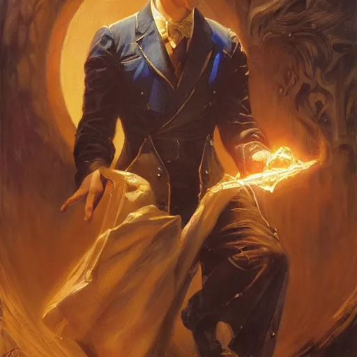 Image similar to attractive male magician casts dark spell, summoning handsome lucifer morningstar. highly detailed painting by gaston bussiere, craig mullins, j. c. leyendecker 8 k