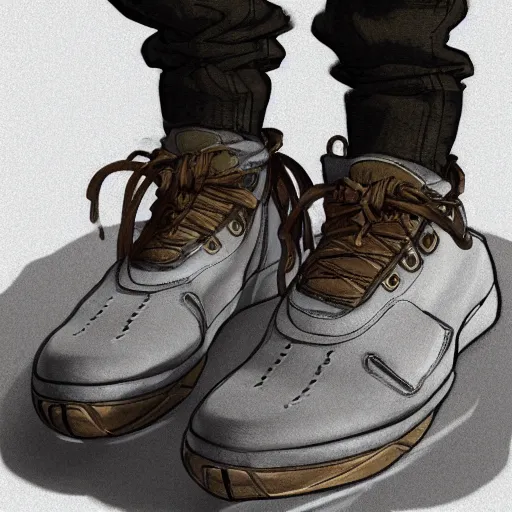 Prompt: gold rush prospector wearing yeezys by Range Murata, Katsuhiro Otomo, Yoshitaka Amano, and Artgerm. anime illustration, 3D shadowing effect, 8K resolution