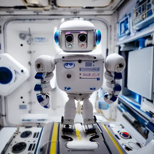 Prompt: a cute little robot floating inside the international space station, realistic, professional photography, 4 k, sharp lens, focus, depth of field