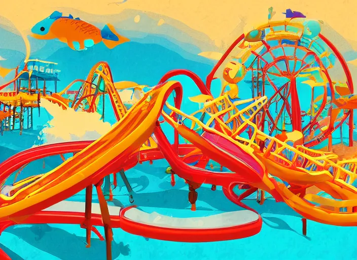 Prompt: An amusement park underwater, warm color palette, digital art