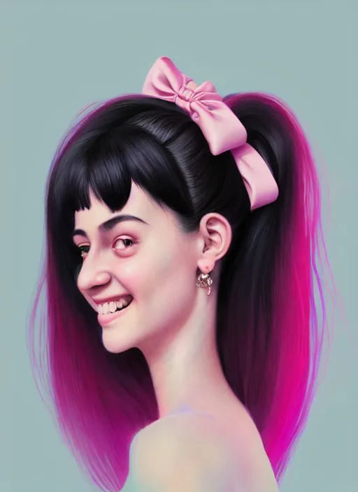 Image similar to portrait of teenage girl, narrow face, black hair, bangs, half updo hairstyle, skinny, big nose, smile, unattractive, defined jawline, big chin, wearing pink hair bow, earrings, intricate, elegant, glowing lights, highly detailed, digital painting, artstation, sharp focus, illustration, art by wlop, mars ravelo and greg rutkowski