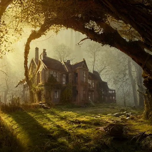 Prompt: a tumbledown victorian mansion half hidden in the mossy forest, oak trees, tangled ivy, spiderwick, dynamic angle, atmospheric golden light, cinematic landscape, uncharted game vibes, one pixel brush, art by eytan zana, greg rutkowski, 8 k render