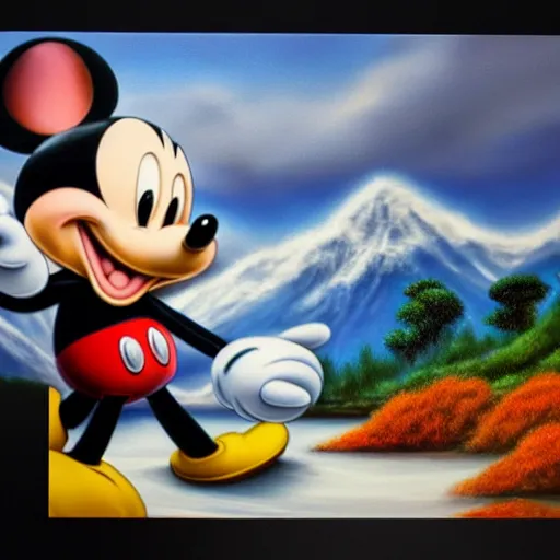 Image similar to a closeup photorealistic photograph of bob ross working on a canvas painting of mickey mouse. film still. brightly lit scene. mountains and trees. this 4 k hd image is trending on artstation, featured on behance, well - rendered, extra crisp, features intricate detail, epic composition and the style of unreal engine.