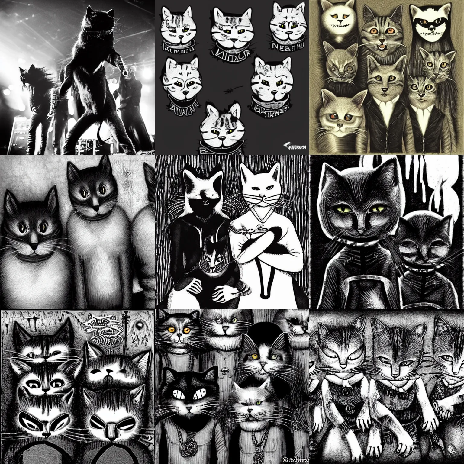 Prompt: Anthropomorphic cats in a black metal band