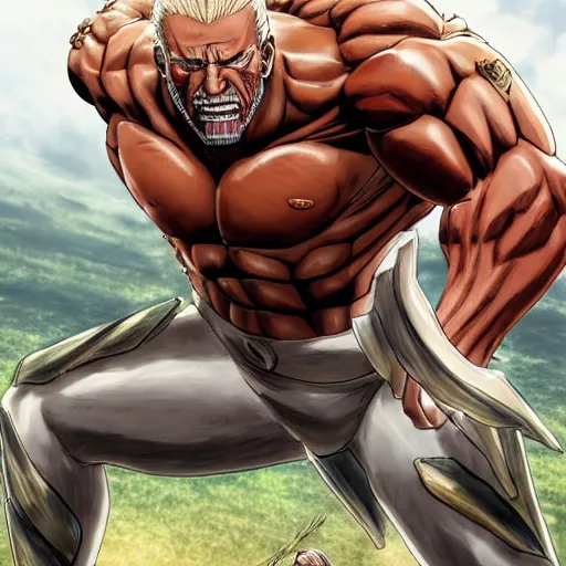 Prompt: joe biden, as the armored titan, kicking a florida mansion, attack on titan, anime key visual, wit studio official media, huge smashed mansion, giant kicking foot, smoke and rubble