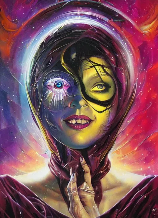 Image similar to gorgeous magic cult psychic woman smiling, third eye, energetic consciousness psychedelic, epic surrealism expressionism symbolism, story telling, iconic, dark robed, oil painting, symmetrical face, dark myth mythos, by Sandra Chevrier , Bruce Pennington, masterpiece