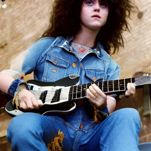 Image similar to 19-year-old girl wearing double denim, thick shaggy hair, permed hair, holding electric guitar, 1971, proto-metal concert, live at Royal Albert Hall, concert lighting