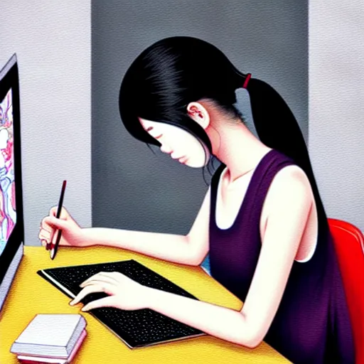 Prompt: full view of taiwanese girl studying at her computer, in taipei, style of yoshii chie and hikari shimoda and martine johanna, highly detailed