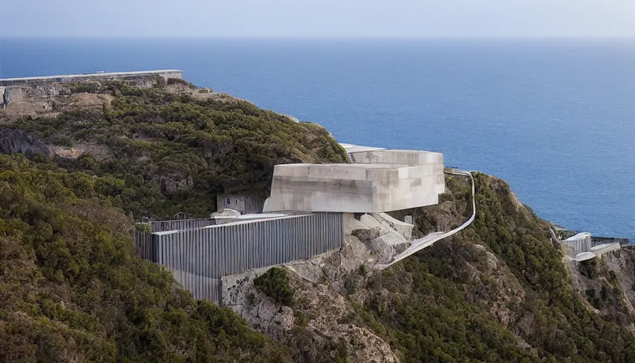 Prompt: big military base perched on a cliff overlooking a magnificient bay, drawing architecture, pritzker architecture prize, greig fraser