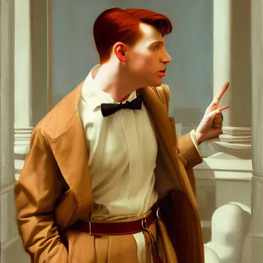 Prompt: pale Donal Glison, red hair, no beard, in New York, cinematic lighting, highly detailed, digital art, Renaissance painting, by Leyendecker, by Rutkowsky,