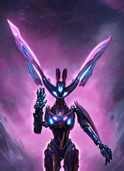 Image similar to detailed cinematic shot, cosmic sized perfectly proportioned stunning beautiful hot female warframe, detailed robot mecha female dragon head, metal ears led eyes, silver armor, fuschia leds, floating in empty space, nebula sized, holding a planet, epic proportions, epic size, epic scale, furry art, dragon art, giantess art, warframe fanart, furaffinity, deviantart