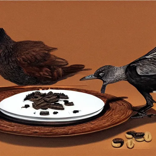 Image similar to a bird eating a plate full of oreos, realism, cinematic, hyper detailed masterpiece, ethereal, post apocalyptic