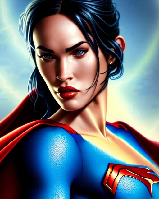 Image similar to portrait of megan fox as superman, dc, man of steel, intricate, headshot, highly detailed, digital painting, artstation, concept art, sharp focus, cinematic lighting, illustration, art by artgerm and greg rutkowski, alphonse mucha, cgsociety