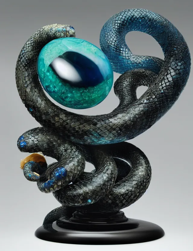 Image similar to a photo of a sculpture of a snake made from blue and emerald and amethyst crystal geode formations encircling a marble egg on a base of obsidian made with liquid gold tendrils flowing by ellen jewett by stanisław szukalski, octane render, recursive, tendrils, elestial crystals, geode, refracted light