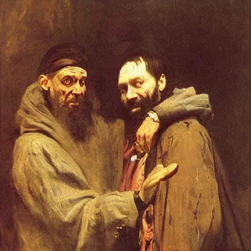 Image similar to portrait of faust and mephistopheles, jan matejko, ilya repin, oil on canvas, 1 8 9 0