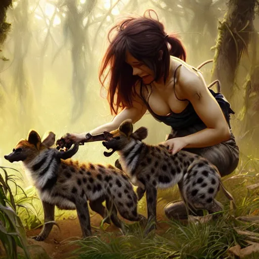 Prompt: photo of a hyenagirl feeds puppies in the forest, highly detailed, digital painting, artstation, smooth, sharp focus, illustration, art by artgerm and greg rutkowski and alphonse mucha